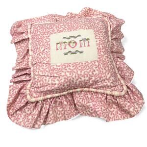 Vintage decorative throw pillow ruffled floral cross-stitched "MOM"  cottagecore